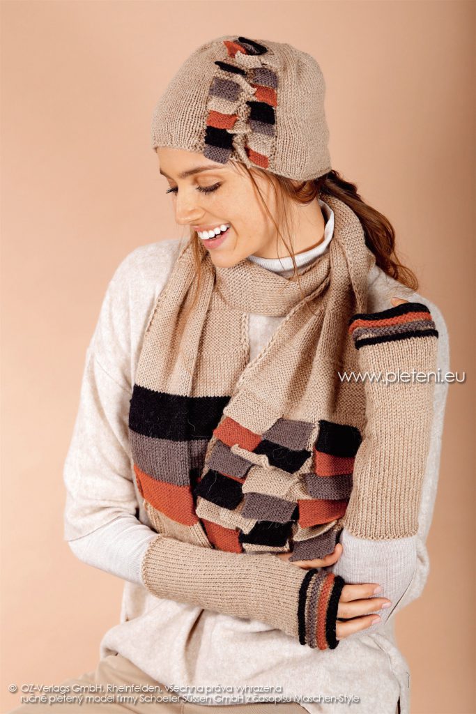 2017-2018 modely 28 dámská pletená čepice a 29 šála a 30 návleky z příze Almeria firmy Schoeller